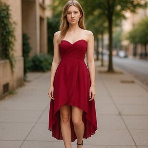 David’s Bridal Red High Low Strapless Dress Gown Bridesmaid